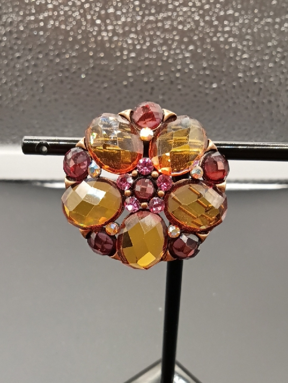Vintage-Inspired Amber & Garnet Crystal Flower Brooch - Women Jewelry